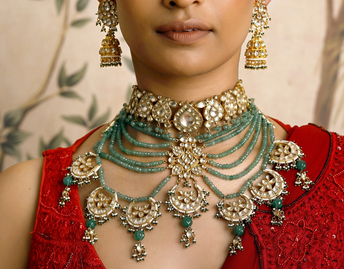 Green kundan multilayered bridal set