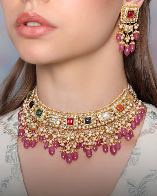 Savita Necklace And Neysa Long Earrings Polki Set