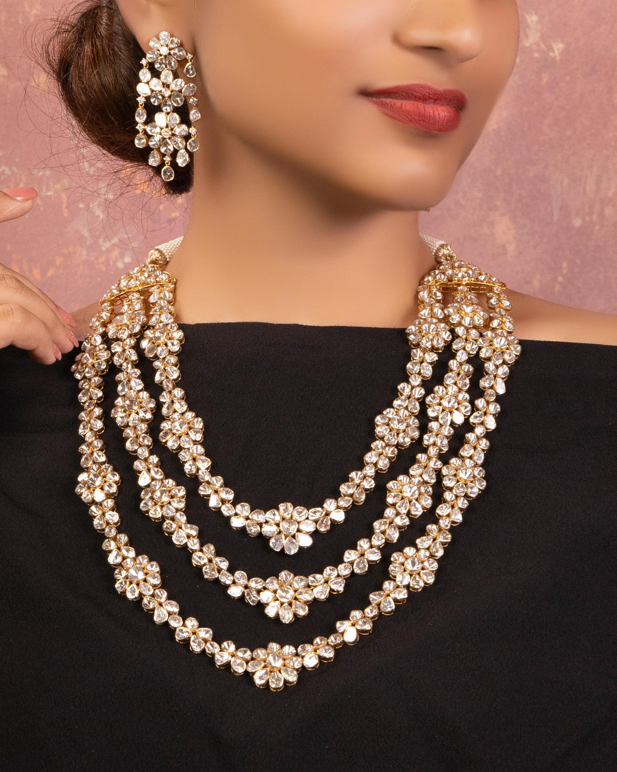 Aliza Long Necklace and Lazeni Long Earrings Polki Set