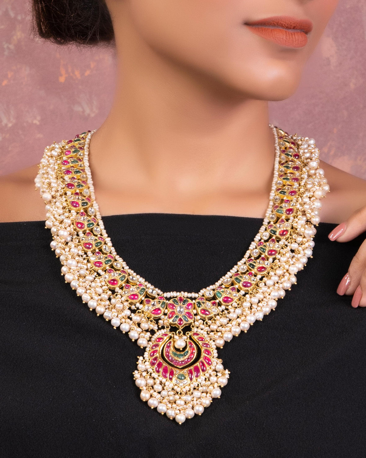 Ratna Long Necklace And Brinda Chandbalis Polki Set