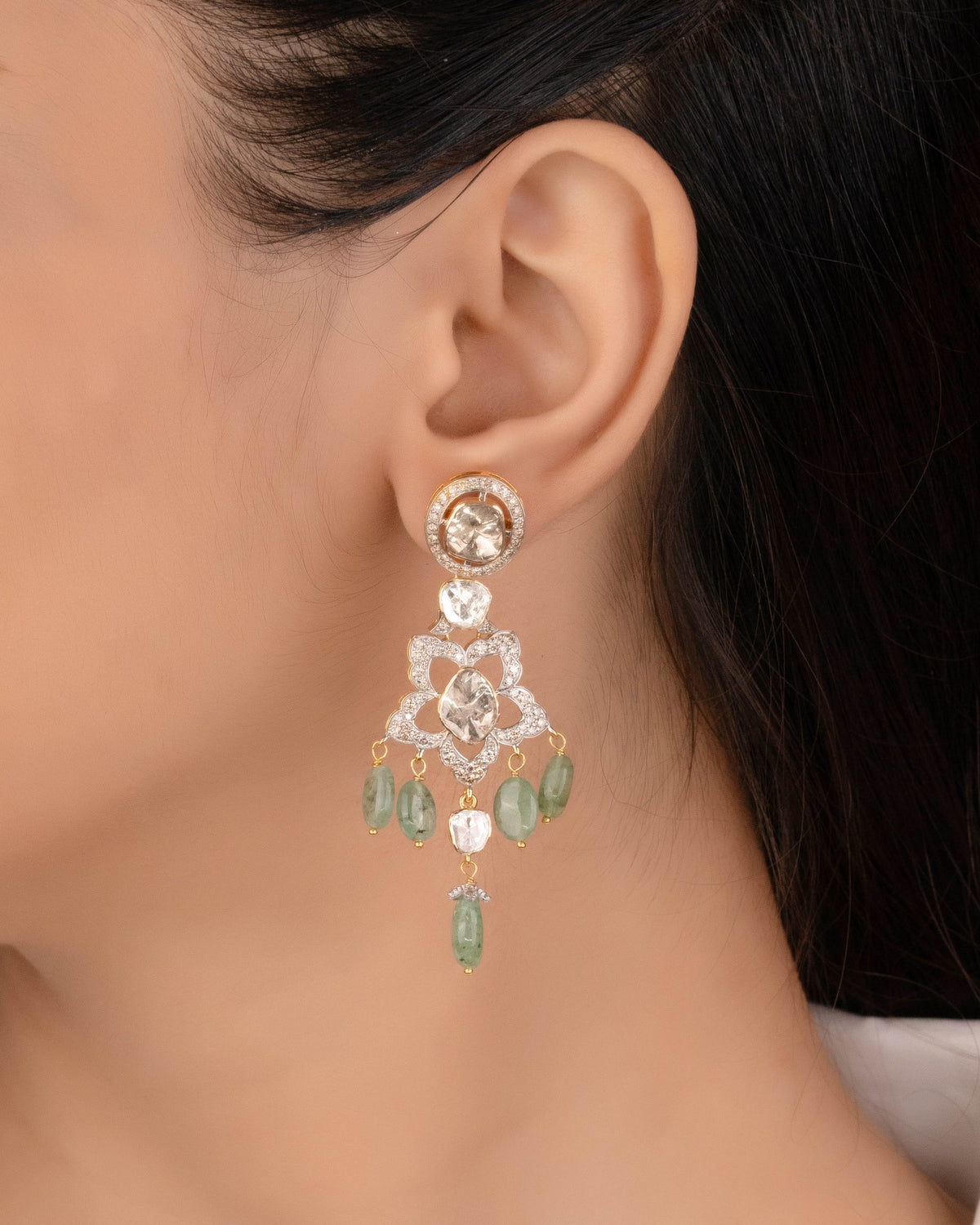 Rumi Necklace And Clea Long Earrings Polki And Diamond Set