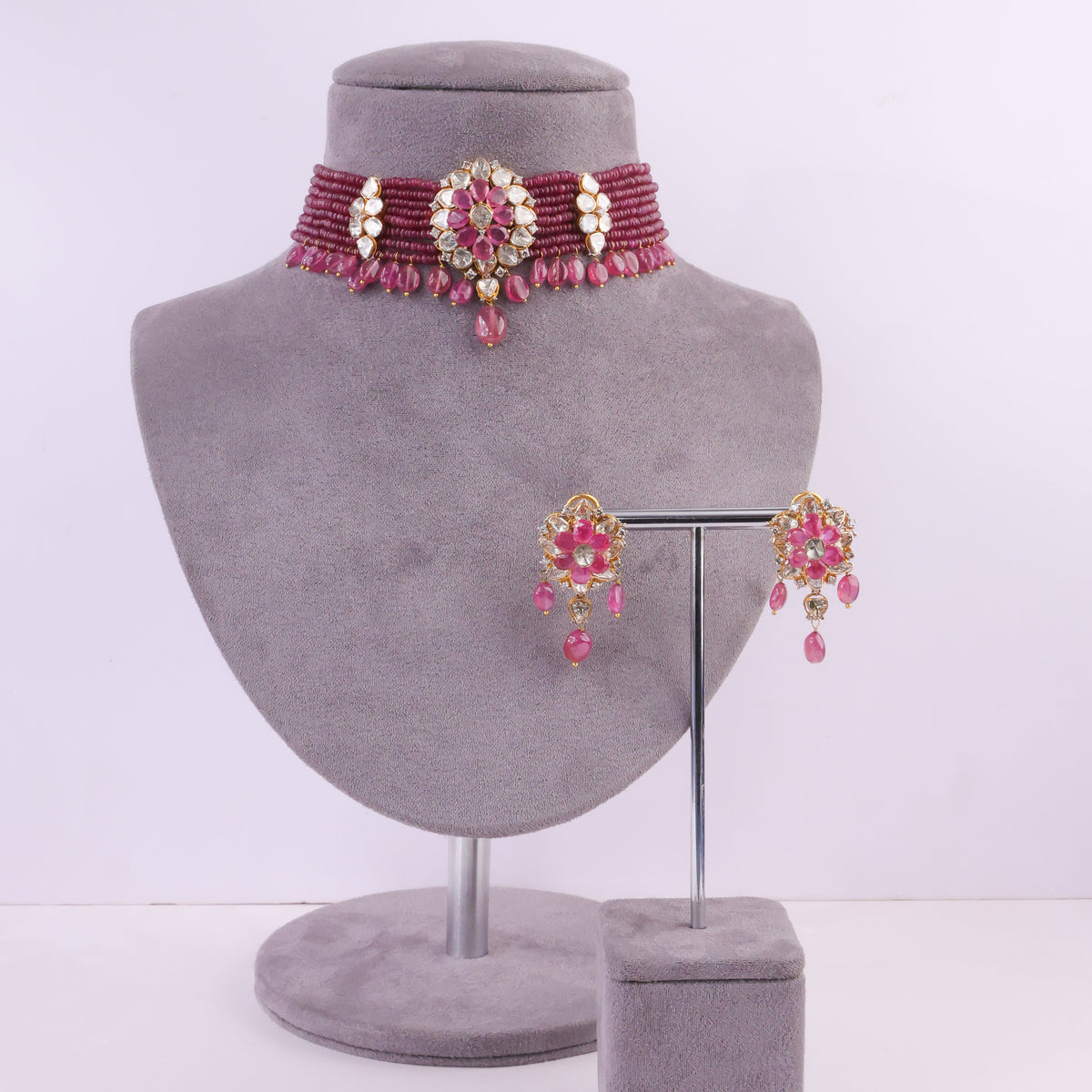 Anshika Bead Choker And Nandhina Long Earrings Polki And Diamond Set