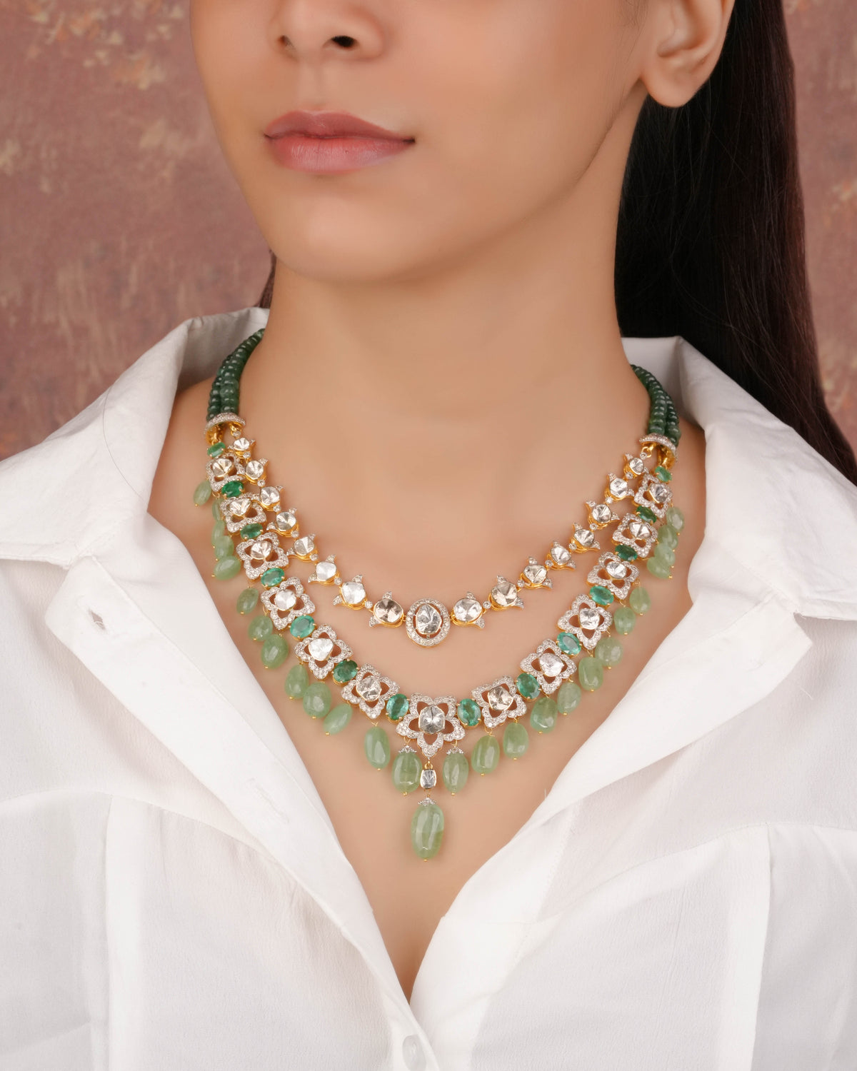 Rumi Necklace And Clea Long Earrings Polki And Diamond Set