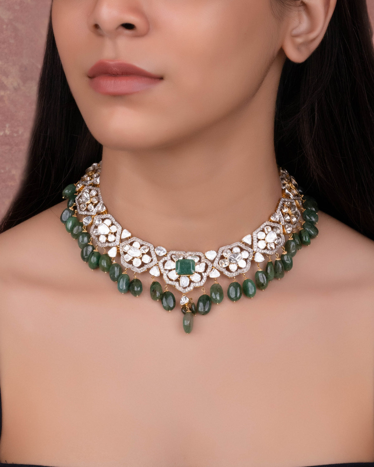 Hiteshi Necklace And Sara Long Earrings Polki And Diamond Set