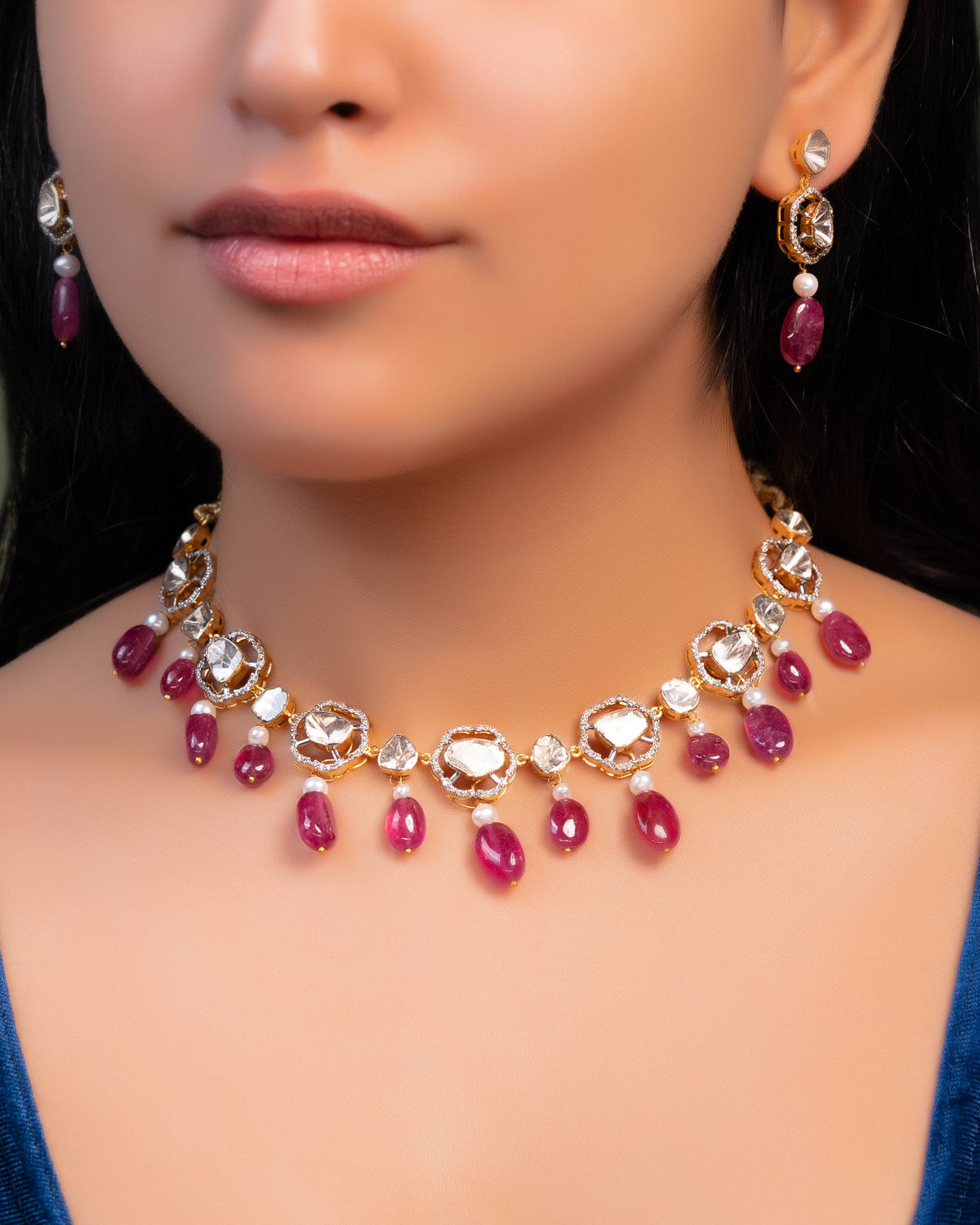 Katha Choker And Vinayaki Long Earrings Polki And Diamond Set