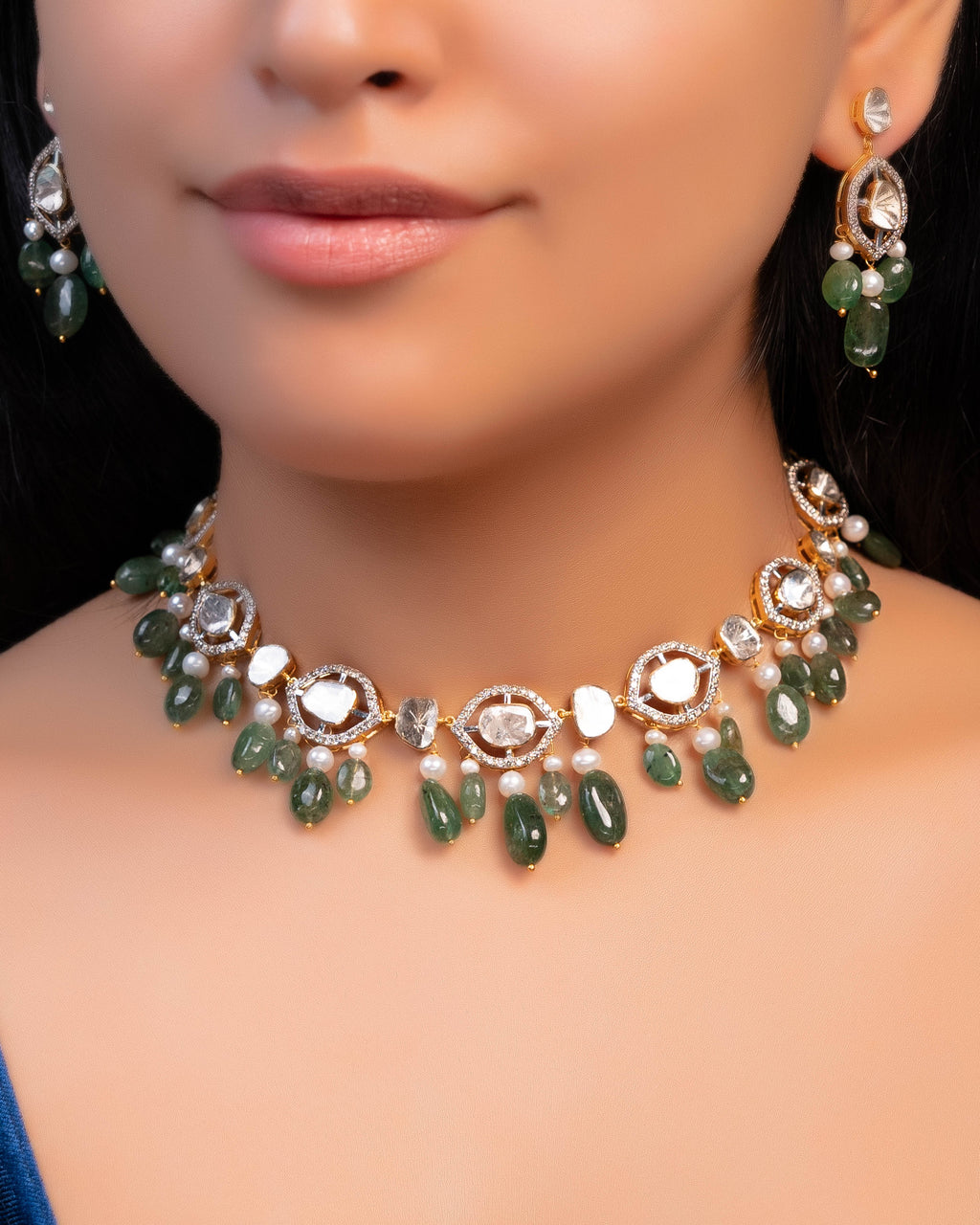 Maithili Choker And Cammy Long Earrings Polki And Diamond Set