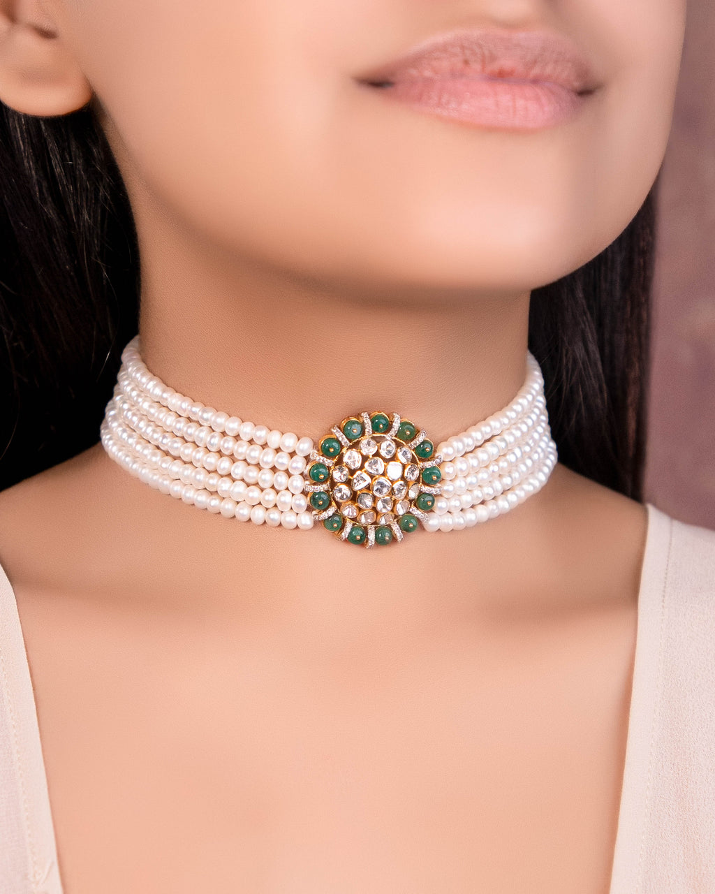 Ameena Bead Choker And Malani Tops Polki And Diamond Set