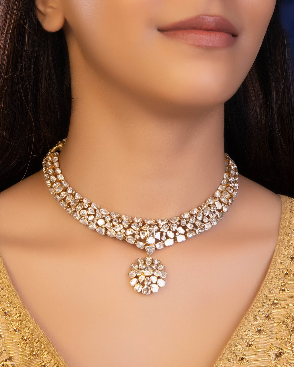 Rumi Necklace And Tanvika Long Earrings Polki And Diamond Set