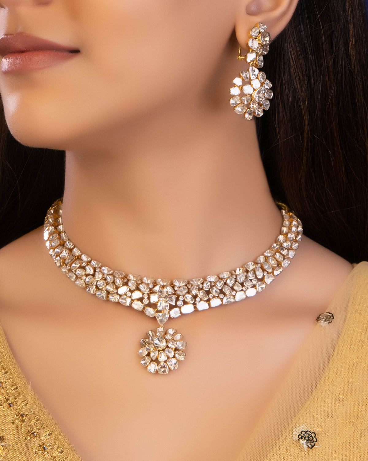 Rumi Necklace And Tanvika Long Earrings Polki And Diamond Set