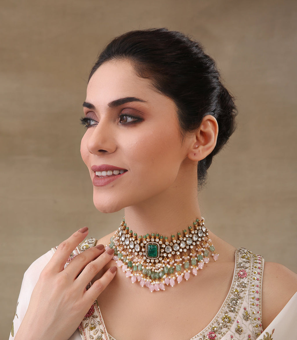 YASI GREEN & PINK POLKI NECKLACE SET