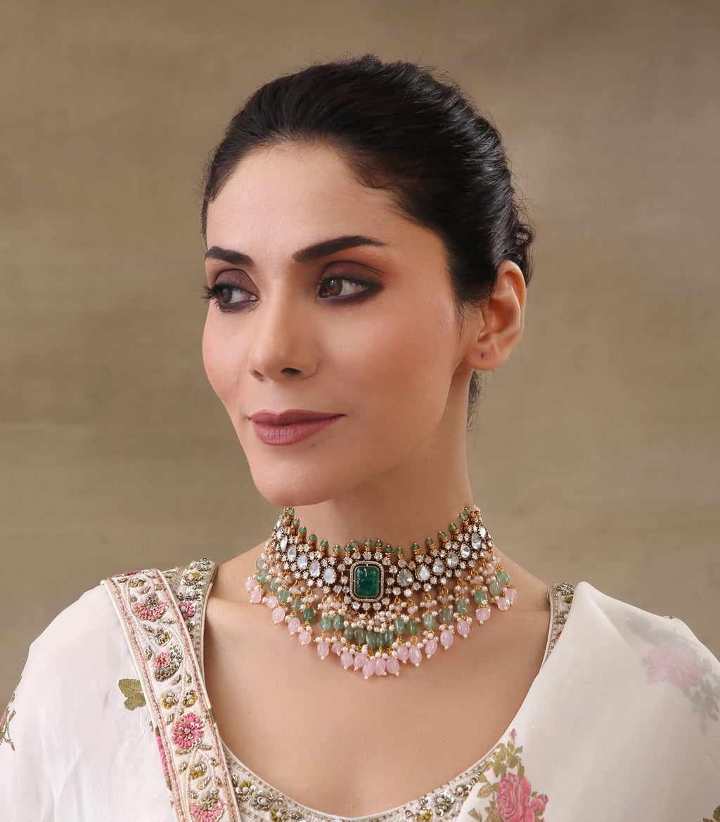 YASI GREEN & PINK POLKI NECKLACE SET