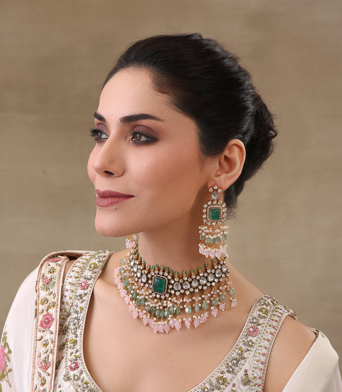 YASI GREEN & PINK POLKI NECKLACE SET