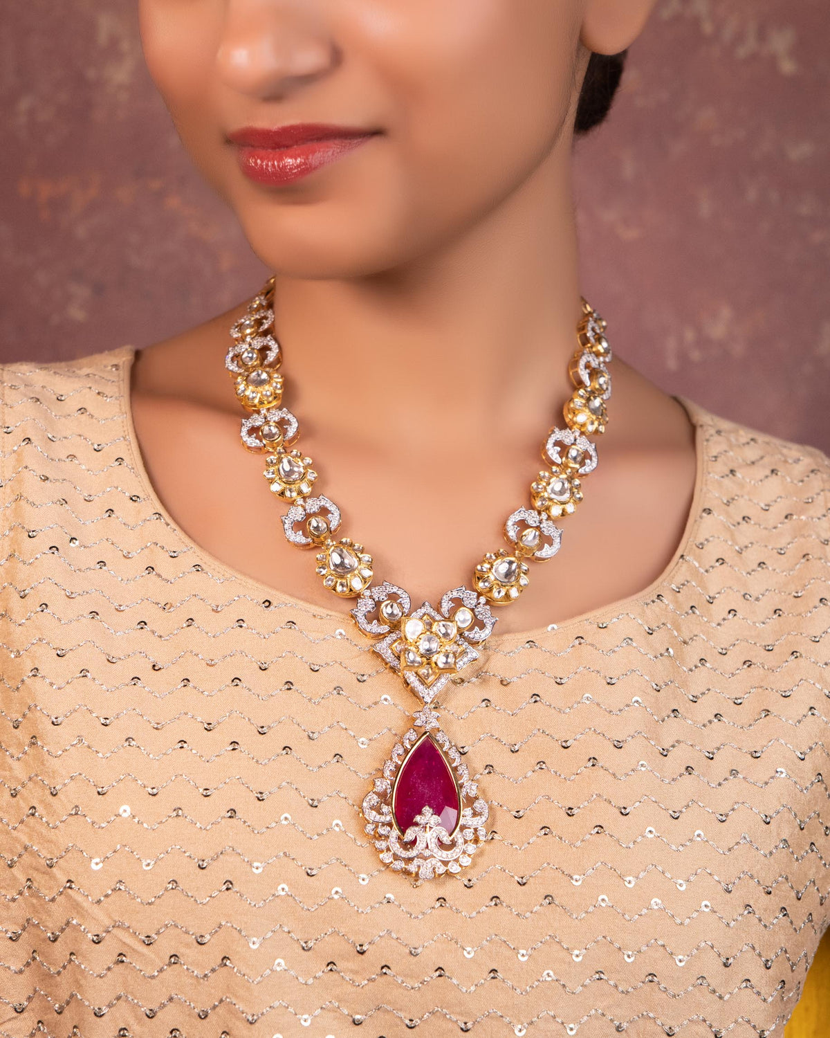 Wamini Long Necklace And Abigail Long Earrings Polki And Diamond Set