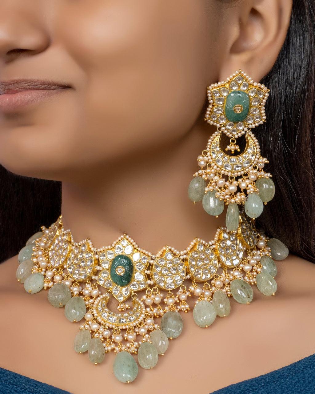 Bushra Necklace and Shifa Chandbalis Polki Set