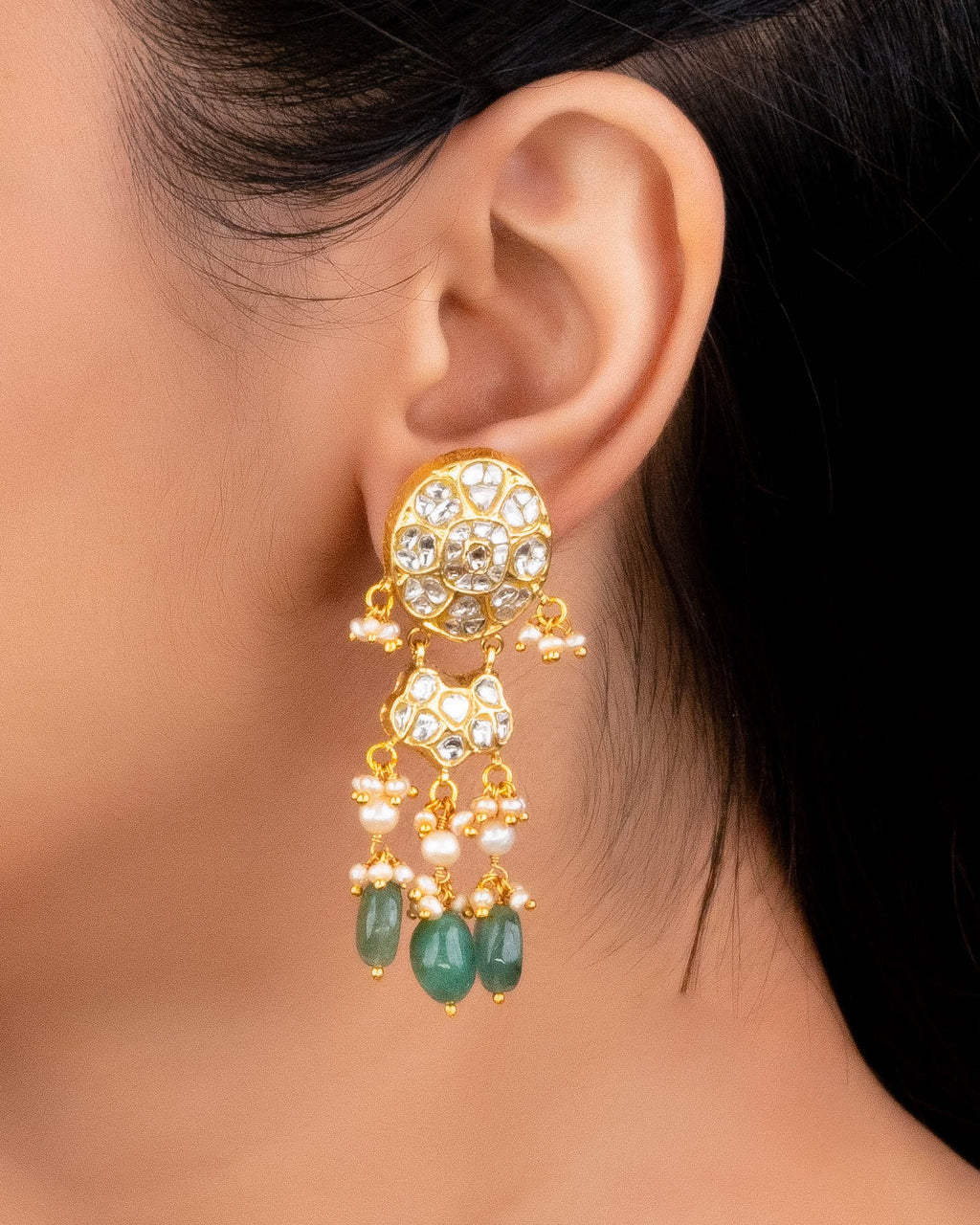 Aachal Necklace And Trayi Long Earrings Polki Set