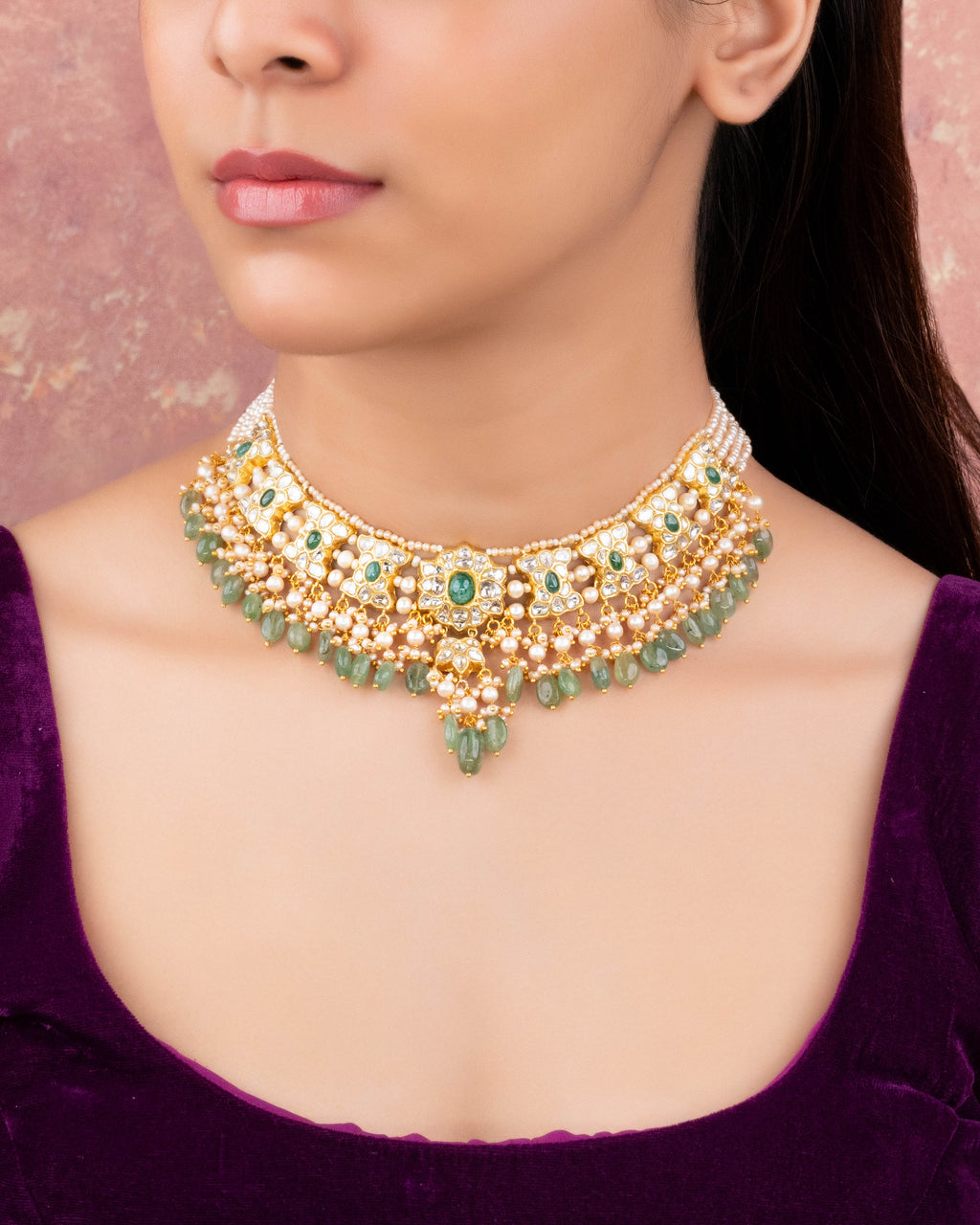 Misbha Necklace And Lipika Long Earrings Polki Set
