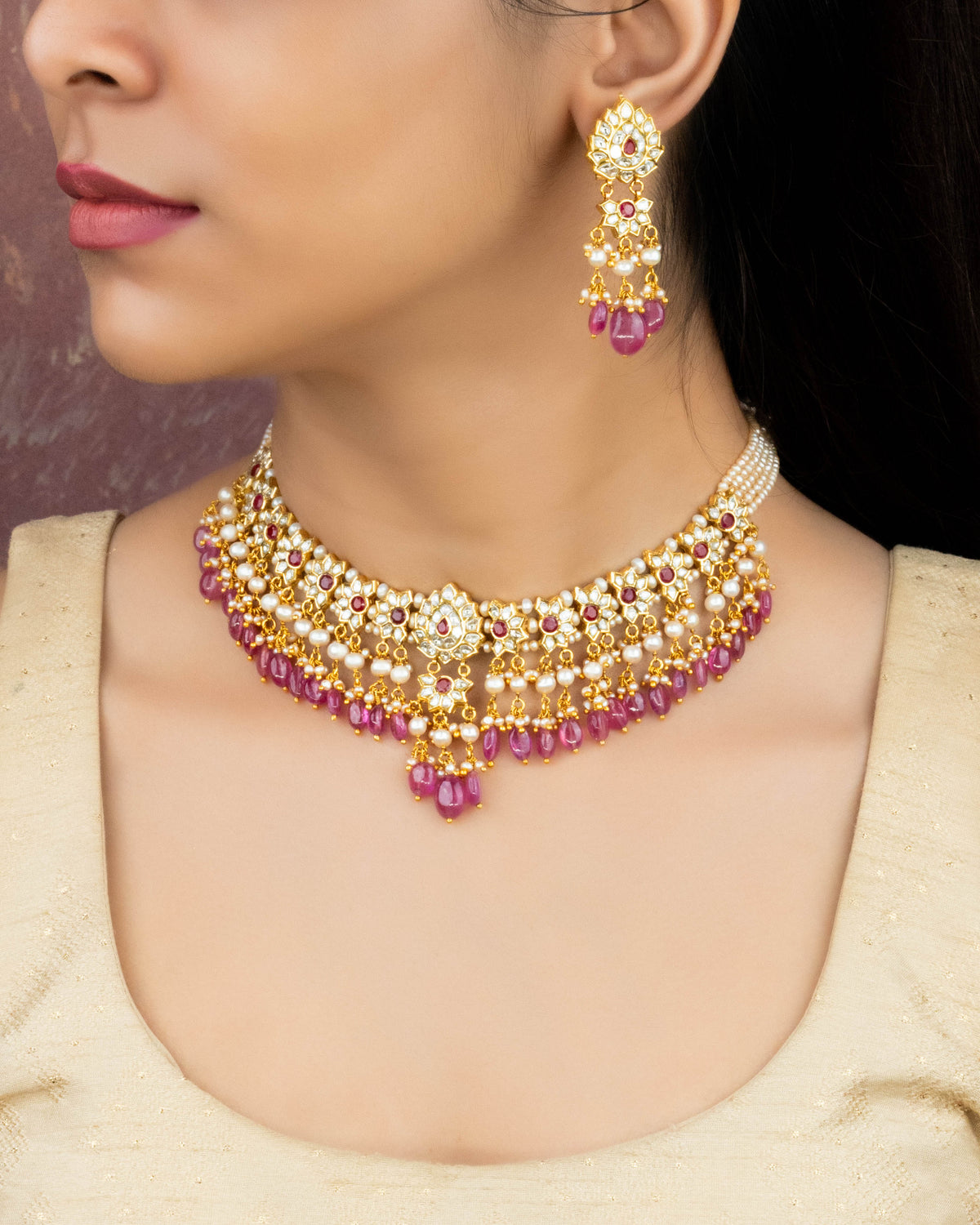 Shrin Choker And Heer Long Earrings Polki Set