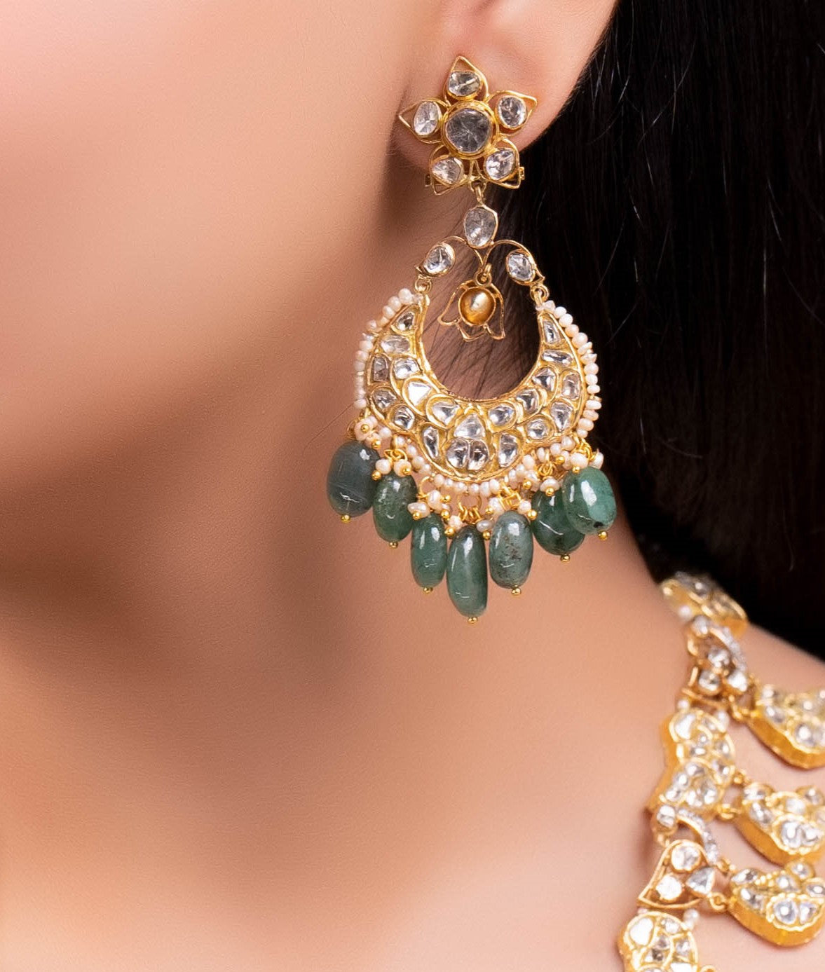 Sanaya Long Necklace And Aadhya Chandbalis Polki And Diamond Set