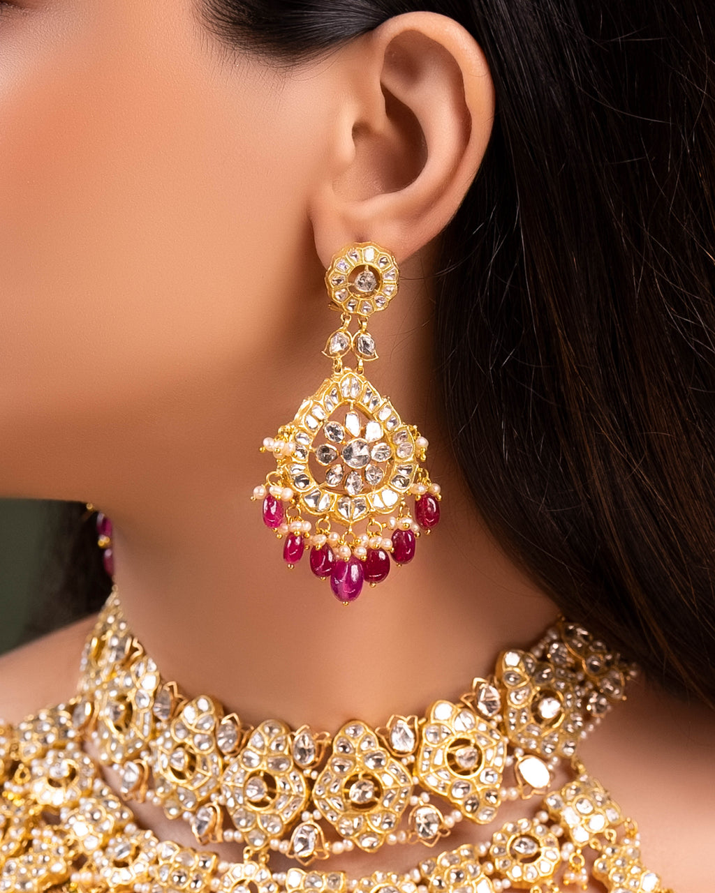 Sage Necklace And Sanchi Long Earrings Polki Set