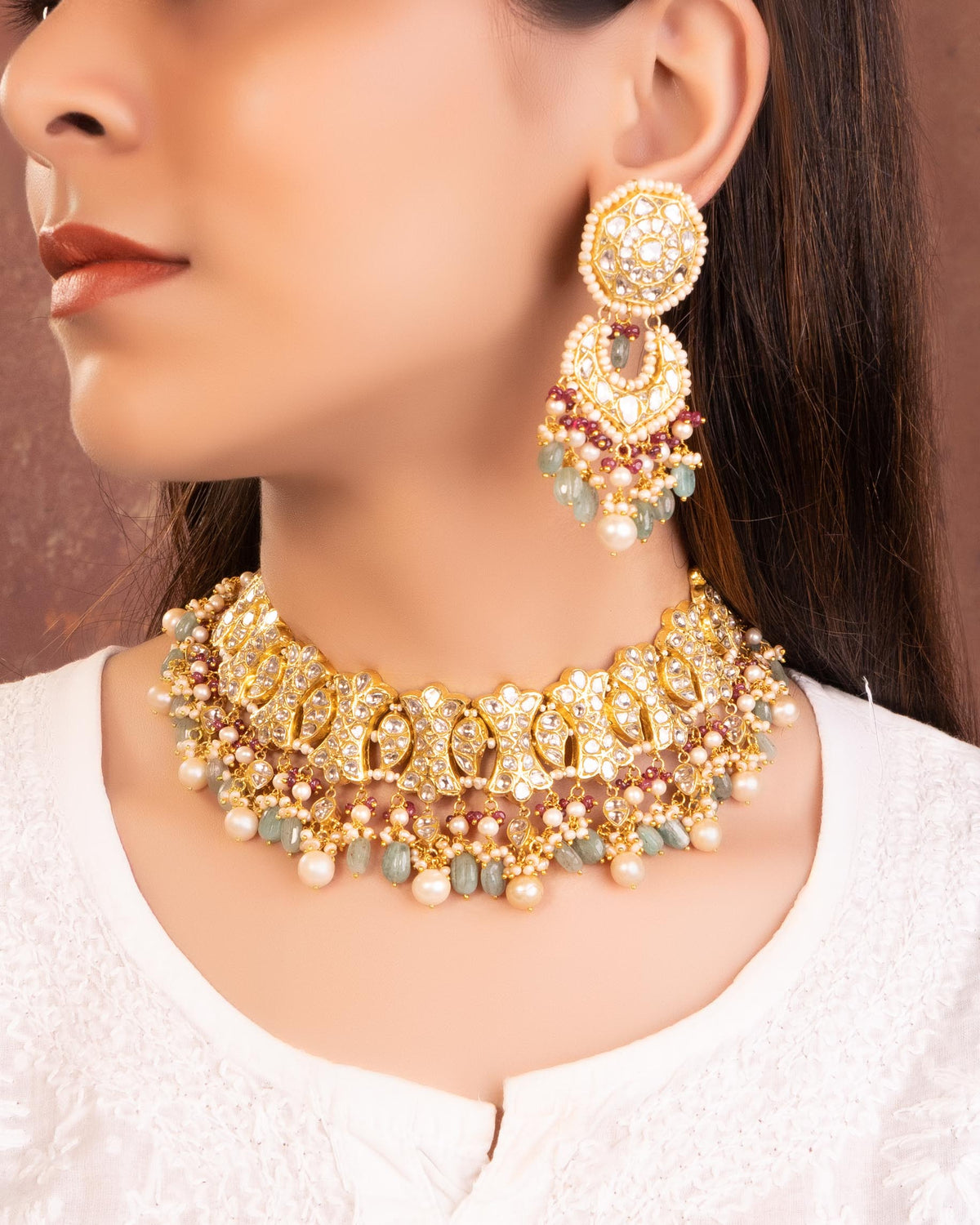 Sevil Necklace And Vivi Chandbalis Polki Set