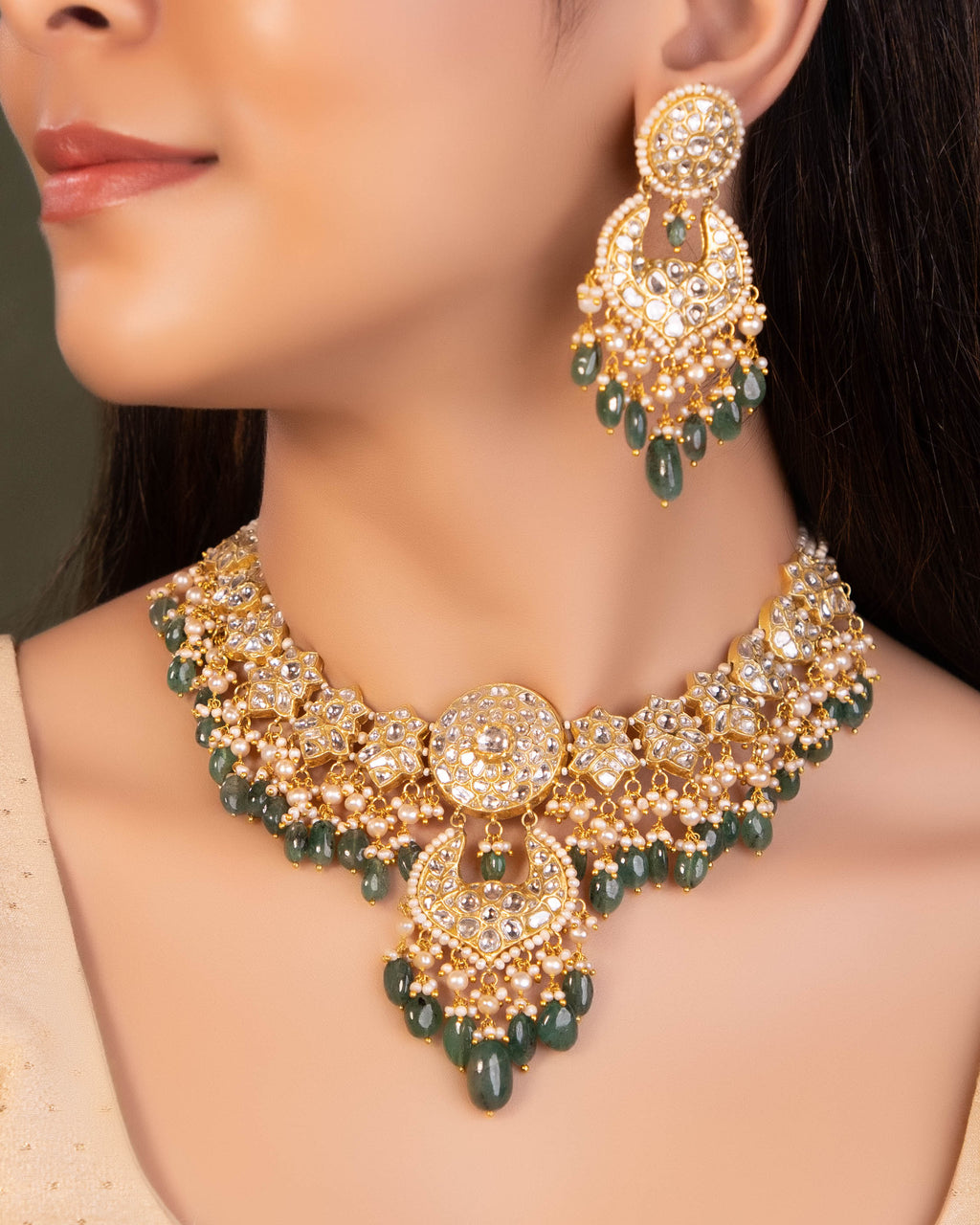 Aneeksha Necklace And Dikshita Chandbalis Polki Set