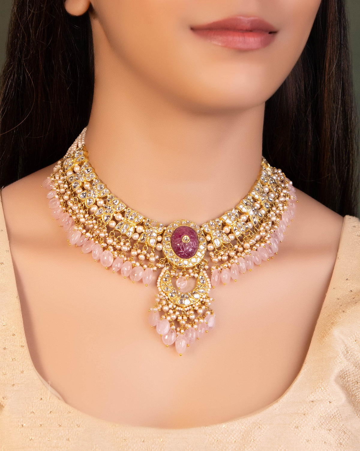 Suman Necklace And Bhavya Chandbalis Polki Set