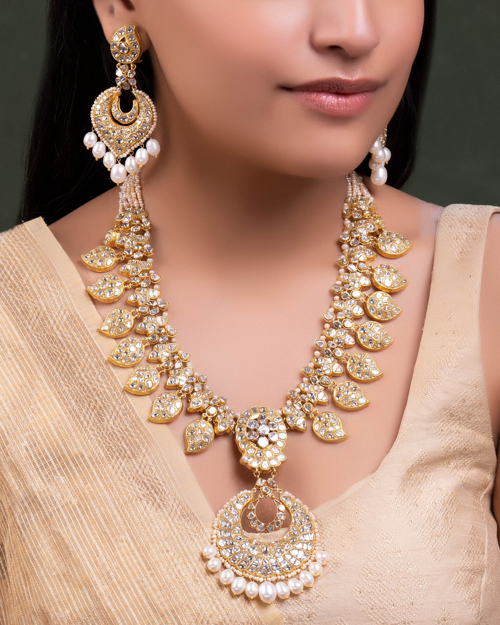 Shaheen Long Necklace And Ishika Chandbalis Polki Set