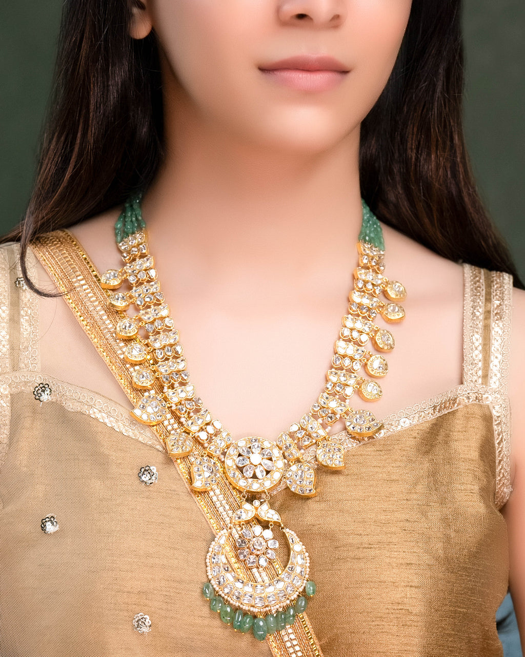 Charvi Long Necklace And Shubhi Chandbalis Polki And Diamond Set