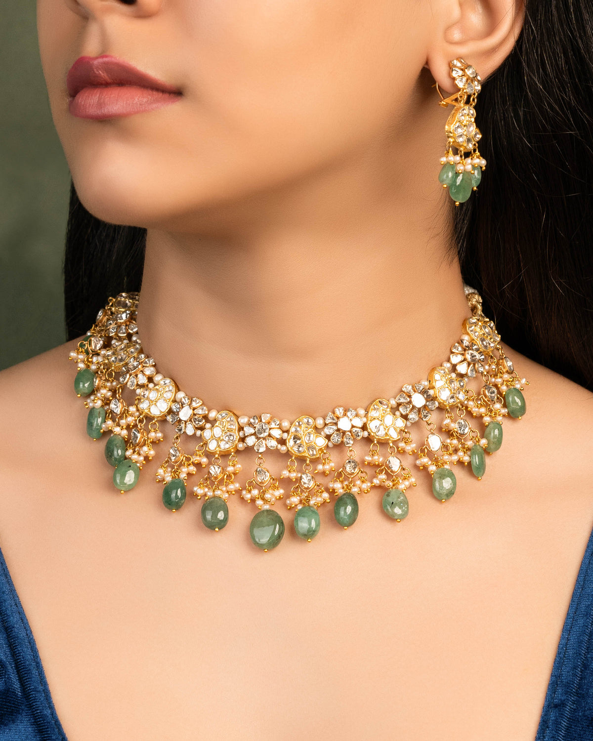 Tonia Necklace And Tanvi Long Earrings Polki Set