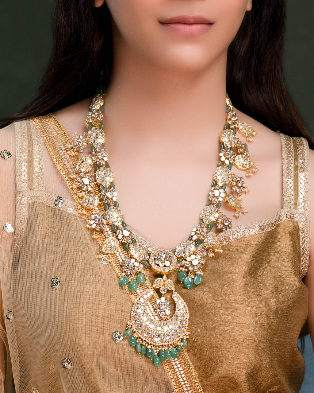 Adhira Long Necklace And Ishani Chandbalis Polki Set
