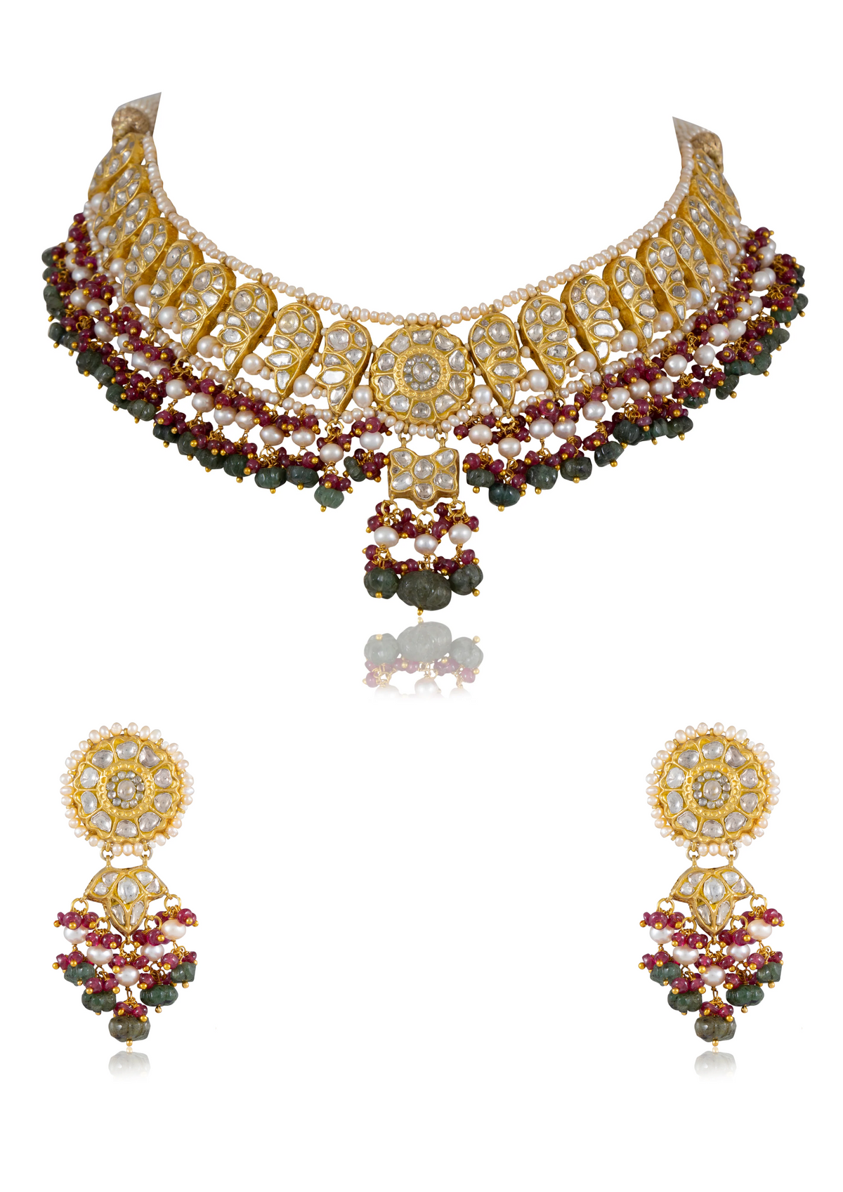 Isha Necklace And Aachal Long Earrings Polki Set