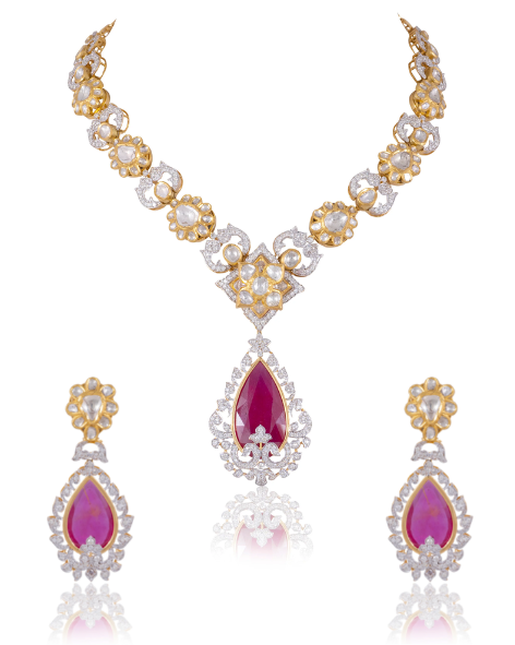 Wamini Long Necklace And Abigail Long Earrings Polki And Diamond Set